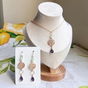 Jewelry Set Nature Inspired Leaf Tree Branch Pendant Amethyst Jade Boho Casual